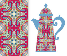 Teapot with decorative ornament and vertical floral geometric seamless pattern, hand drawn repeating texture for Wedding, Bridal, Valentine's day or Birthday Invitations. Fabric or paper print