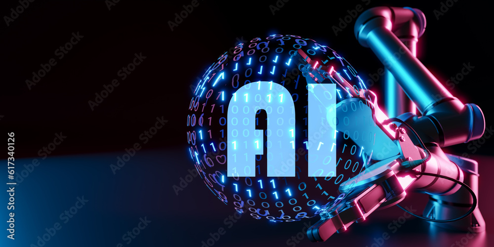 Poster artificial robot arm holding ai. robotic process automation for smart factory automation software. d