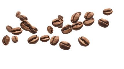 This stock photo captures a visually appealing scene of various coffee beans falling from above, creating an artistic depiction of the popular drink.  - obrazy, fototapety, plakaty