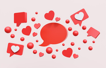 Set of red speech bubbles with hearts levitating in studio