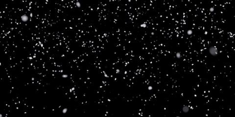white dots snow on isolated black background. Snow decoration overlay wallpaper with wave rotation. realistic falling snow or snowflakes. Isolated on black background