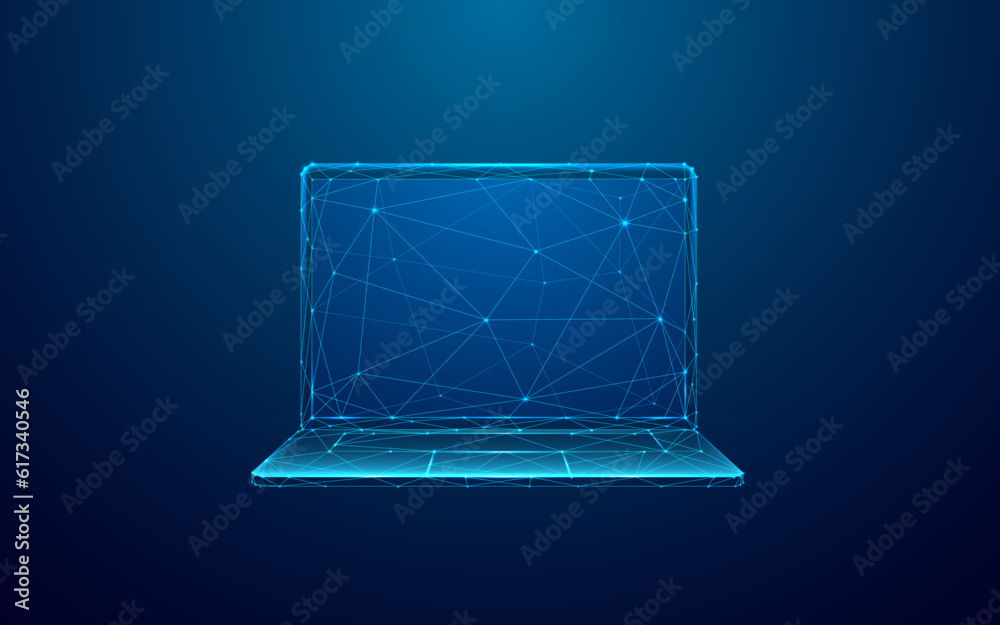 Aufkleber Low Poly Laptop in Technological Blue Color on Dark Background. Front View of Abstract Digital Opened Mobile Computers. Polygonal Wireframe Light Structure in Connected Dots, Lines, and Triangles.