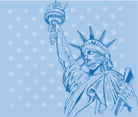 4th july american independence day flyer, with wave flag , statue of liberty background and confetti. poster, banner, greeting card	