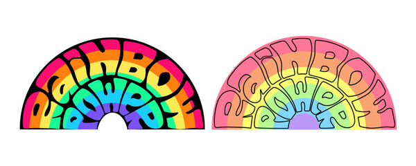 Rainbow power handwritten text with rainbow background. LGBTQ community support quote. Pride month sticker. Vector lettering design for t shirt, pin, tote bag, poster.