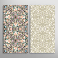 Vertical seamless patterns set, floral geometric lace texture for Wedding, Valentine's day, greeting card or Birthday Invitation. Decorative seamless doodle backgrounds. Ethnic ornament border pattern