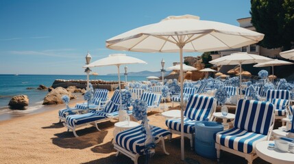 Fototapeta na wymiar beach chairs and umbrellas on the beach, ai generative