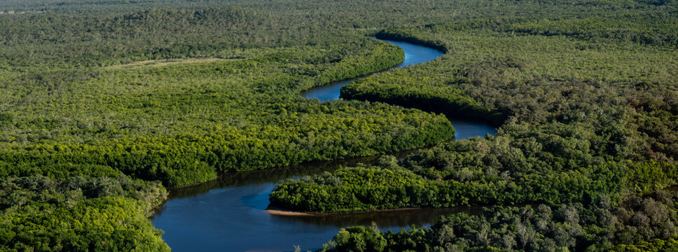 Aerial Photo On A Flight Over Cape York From Cooktown To The Tip Of Australia. Crocodile Country With Very Winding River And Green Bushland. Queensland, Australia