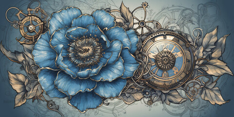  Blue, peony, old , background, generative, ai, steampunk style, vintage, watch