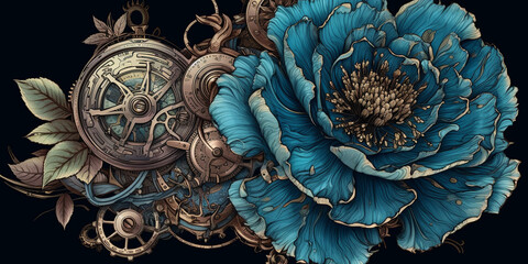  Blue, peony, old , background, generative, ai, steampunk style, vintage, watch
