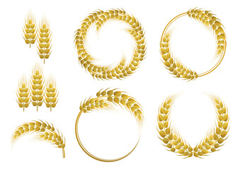 Set of wheat elements. spikelets of wheat. Wheat wreath. Template, seal, logo and design element.