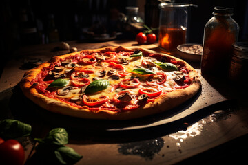 Obraz na płótnie Canvas Appetizing pizza on a dark background. Generative AI