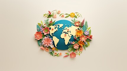 Paper cut style earth with flowers design. Earth day concept. World environment. - Generative AI