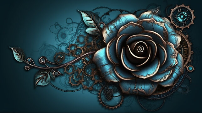  Blue, rouse, old , background, generative, ai, steampunk style, vintage, watch