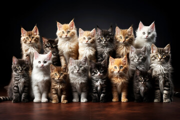 Many kittens on a dark background. Generative AI