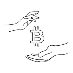 Bitcoin. Cryptocurrency concept. Human hands holding bitcoin symbol icon. Using Cryptocurrency in Daily Life. Blockchain technology. Humans feature. Vector Line art illustration isolated on white