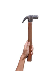 Close-up shot of a woman's hand holding a hammer Maintain equality in the workplace and the strength of women. on a white background repair and maintenance build and destroy..
