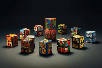 Colored cubes close-up on a dark background.