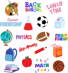 Back to school and friendship icons, logos, sport elements including basketball, football, rugby ball, school bag, books, apple, juice, milk box, physics, math subject, globe, water colour, pencil