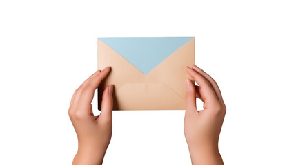 Fototapeta premium Female Hands Making Envelope in Pastel Blue and Brown Color.