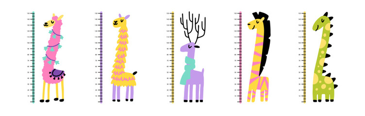 A set of rulers to measure the height of children. Cute cartoon animals in a naive style - alpaca, llama, zebra, deer, dinosaur. - obrazy, fototapety, plakaty