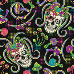 Obraz premium Psychedelic label with human skull, mushrooms