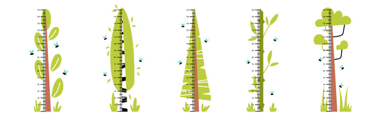 A set of rulers to measure the height of children. Cartoon flat trees.