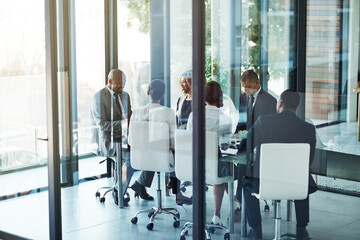 Teamwork, planning and strategy with business people in meeting for project management, review and...