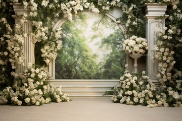Fototapeta na wymiar Front view, white roses garden backdrop for wedding Generative AI 