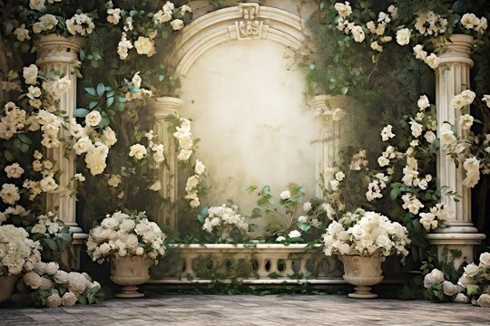 Front view, white roses garden backdrop for wedding Generative AI 