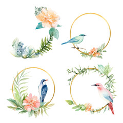 Watercolor Set of Birds with Flowers and Circular Frame.