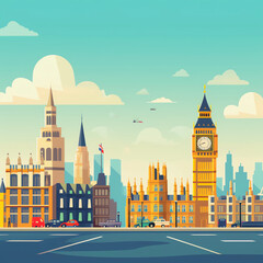 Fototapeta premium Tower Clock and Building in The City Illustration