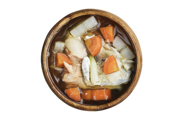 Salmon fish soup  in wooden bowl  ,isolated, thai food
