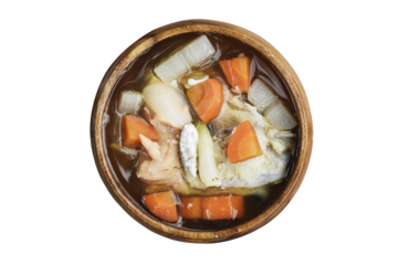Salmon fish soup  in wooden bowl  ,isolated, thai food