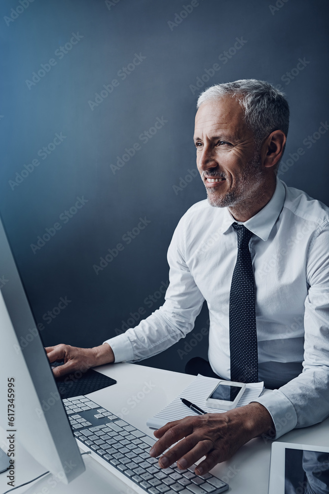 Poster typing accountant, computer and mature man in studio, working and isolated on a dark background mock