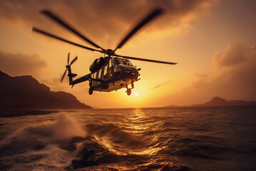 Fototapeta na wymiar AI generated image of army helicopter above sea