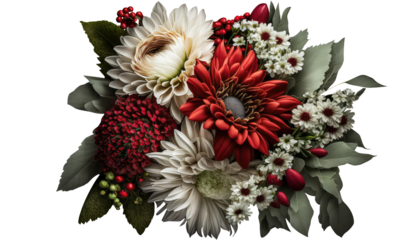 Red and White Chrysanthemum Flowers and Leaves Arrangement for Bouquet Illustration on Png Background. Generative AI Digital Illustration.