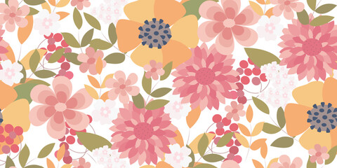 Seamless botanical pattern with asters and garden flowers and herbs on a light background. Great for printing on fabric and paper. Floral print