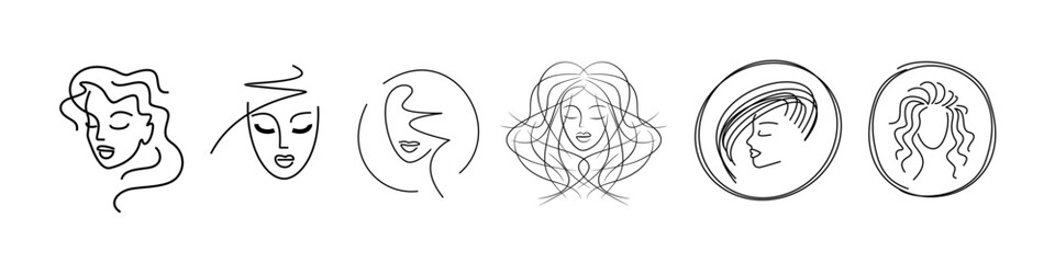 faces of girls with a beautiful hairstyle. beauty salon icons set. color logos for cosmetology