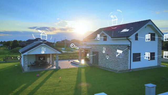 Smart home intelligent house at sunset with animations logo of modern devices for remote control and security, environmental friendly eco sustainable building