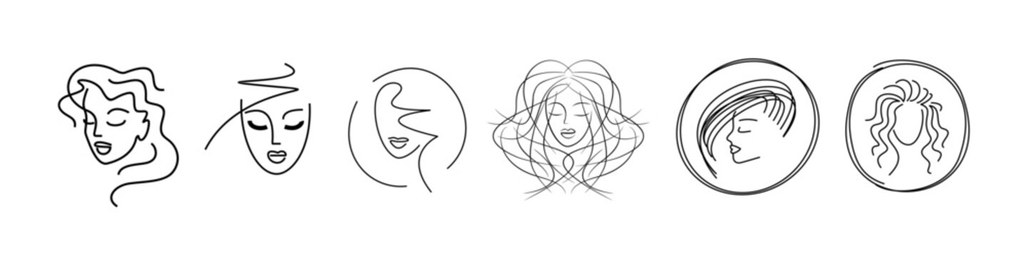 faces of girls with a beautiful hairstyle. beauty salon icons set. color logos for cosmetology