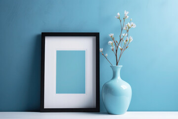 living room interior with mock up poster frame. blue wall, minimalism, vase and flower. generative ai, ai, generative