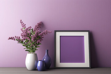 living room interior with mock up poster frame. purple wall, minimalism, vase and flower. generative ai, ai, generative