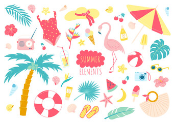 Summer beach elements set. Sea and ocean recreation accessories collection. Vector summer vacations set