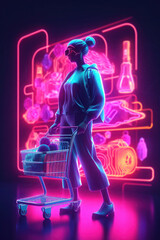 girl with Shopping trolley. trend neon light. Gradient pink-blue glow. online shopping, delivery of goods. generative ai