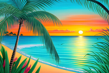 Fototapeta na wymiar An illustration of beach lanscape with palm trees. (AI-generated fictional illustration) 