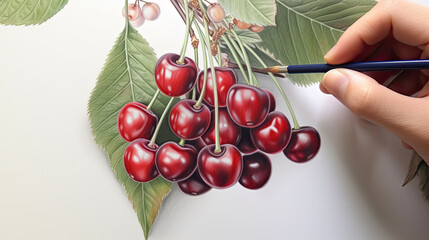 3D Art Presenting Image of Hand Drawing Realistic Cherries Tree Branch with Pencil. Generative AI.