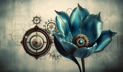 floral, vintage background,, flover, products, enginer, generative, ai, steampunk, background, clockwork, brooch, blue,tulip