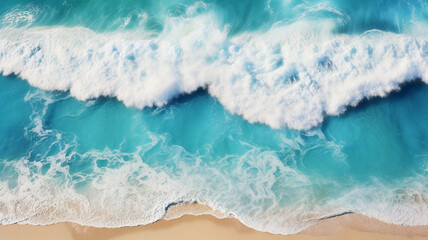Beach waves clashing in turquoise sea foam, created with AI Generative Technology