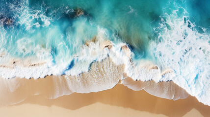 Fototapeta na wymiar Beach waves clashing in turquoise sea foam, created with AI Generative Technology