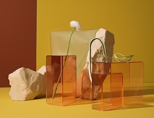 Rock, pland and a clear box, surrounded by an indoor art installation of plants and birds, captures the beauty of the natural world. Natural minimal earthy abstract glass installation.